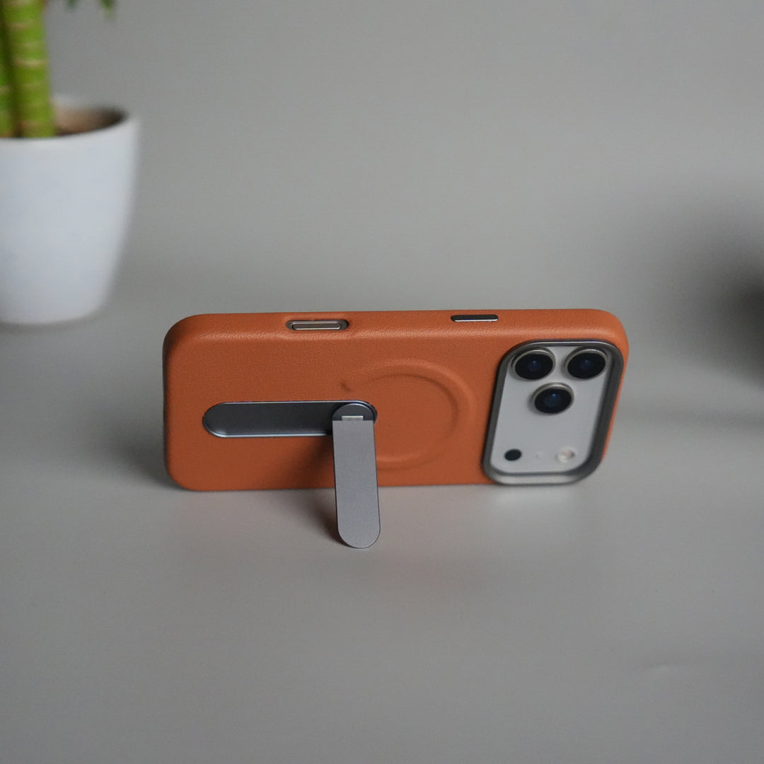 iPhone 17 Pro Premium Leather-Texture Back Case with Metal Kickstand | Shockproof Cover