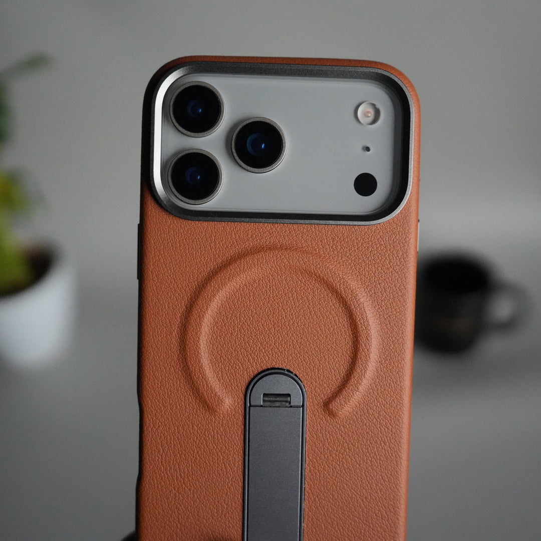 iPhone 17 Pro Premium Leather-Texture Back Case with Metal Kickstand | Shockproof Cover