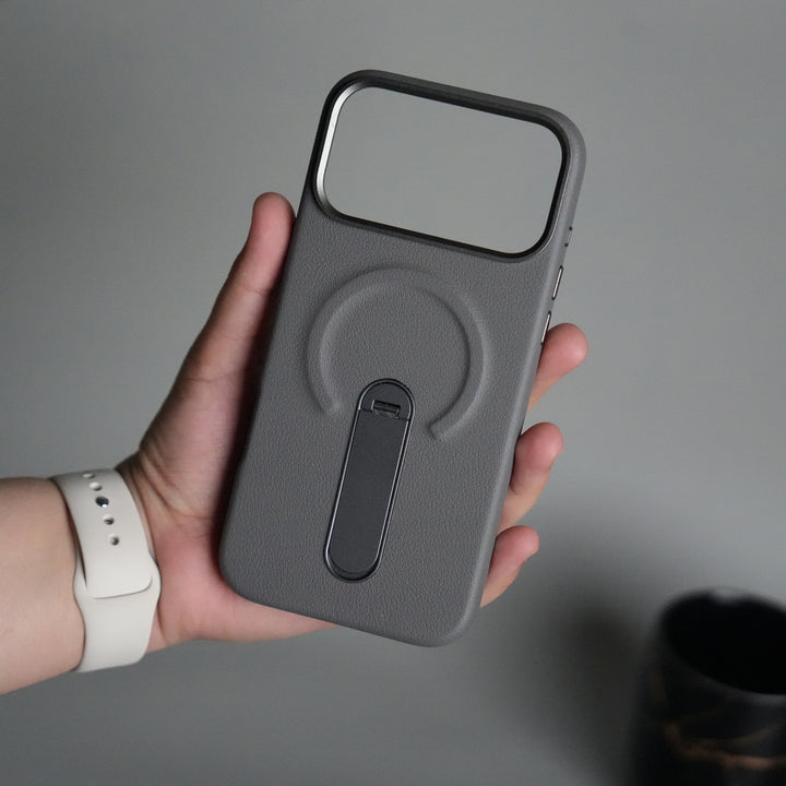 iPhone 17 Pro Premium Leather-Texture Back Case with Metal Kickstand | Shockproof Cover