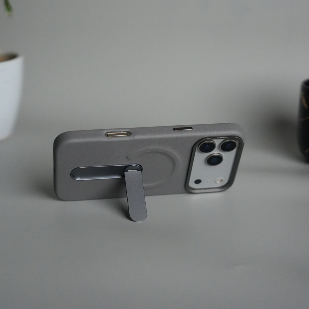 iPhone 17 Pro Premium Leather-Texture Back Case with Metal Kickstand | Shockproof Cover