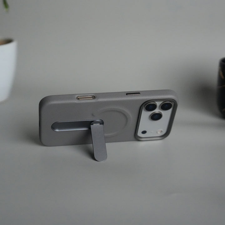 iPhone 17 Pro Premium Leather-Texture Back Case with Metal Kickstand | Shockproof Cover