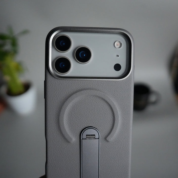 iPhone 17 Pro Premium Leather-Texture Back Case with Metal Kickstand | Shockproof Cover