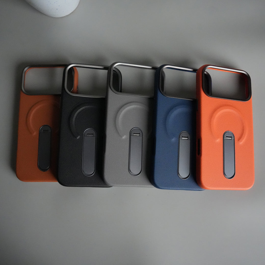 iPhone 17 Pro Premium Leather-Texture Back Case with Metal Kickstand | Shockproof Cover