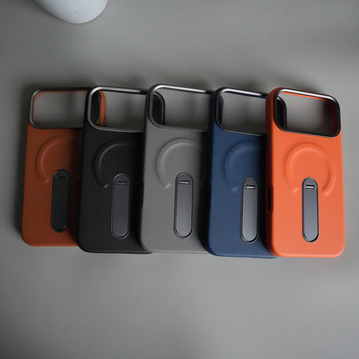 iPhone 17 Pro Premium Leather-Texture Back Case with Metal Kickstand | Shockproof Cover