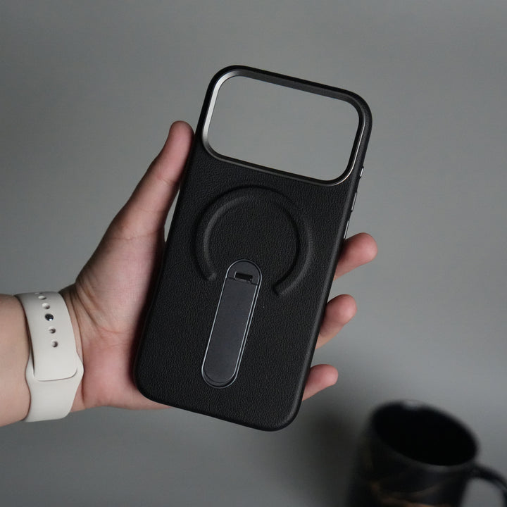 iPhone 17 Pro Premium Leather-Texture Back Case with Metal Kickstand | Shockproof Cover