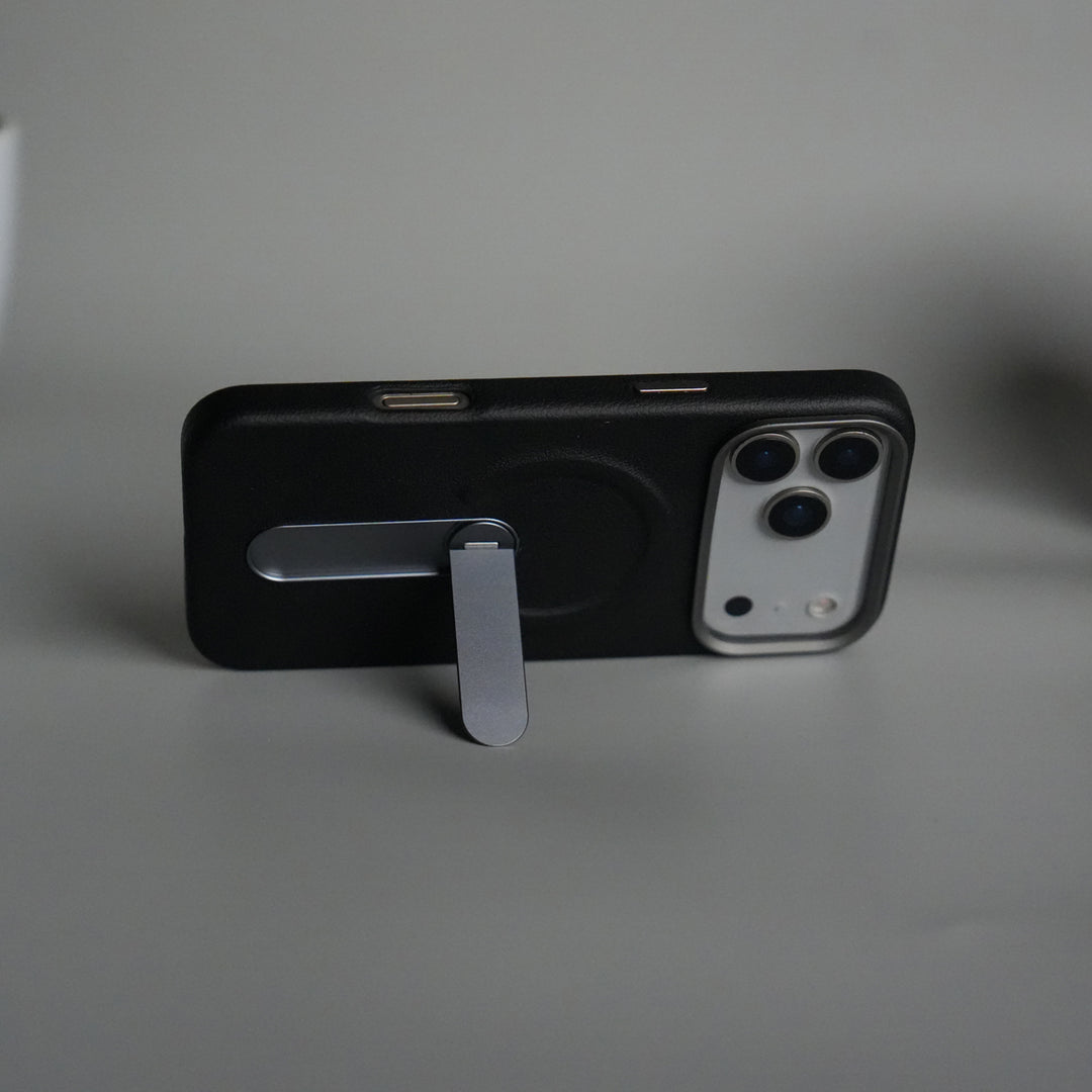 iPhone 17 Pro Premium Leather-Texture Back Case with Metal Kickstand | Shockproof Cover