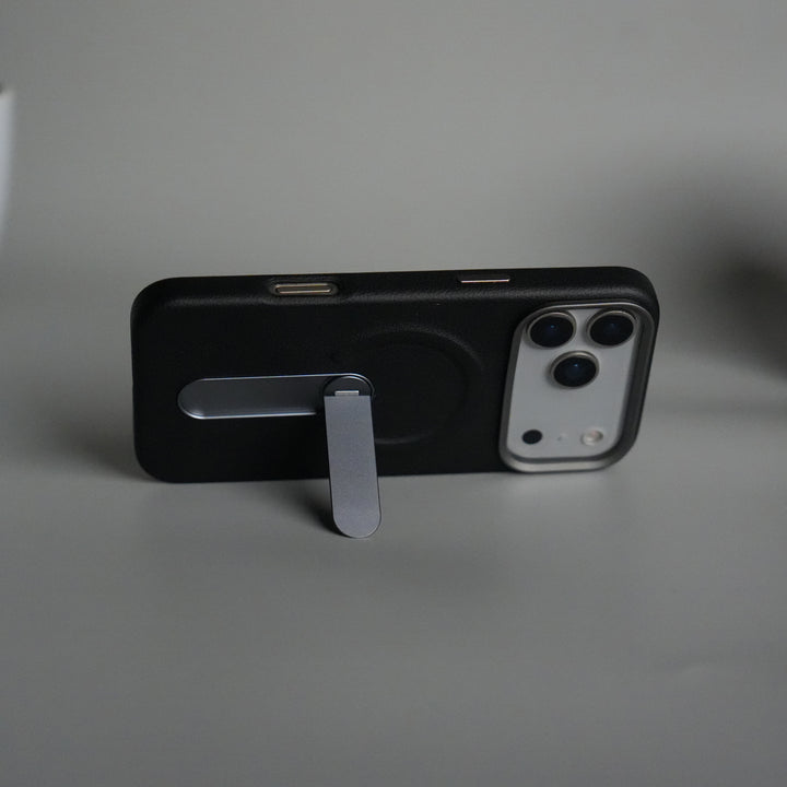 iPhone 17 Pro Premium Leather-Texture Back Case with Metal Kickstand | Shockproof Cover