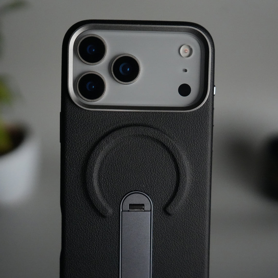 iPhone 17 Pro Premium Leather-Texture Back Case with Metal Kickstand | Shockproof Cover