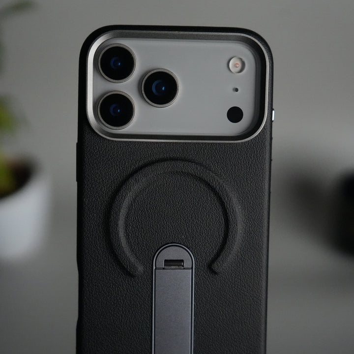 iPhone 17 Pro Premium Leather-Texture Back Case with Metal Kickstand | Shockproof Cover