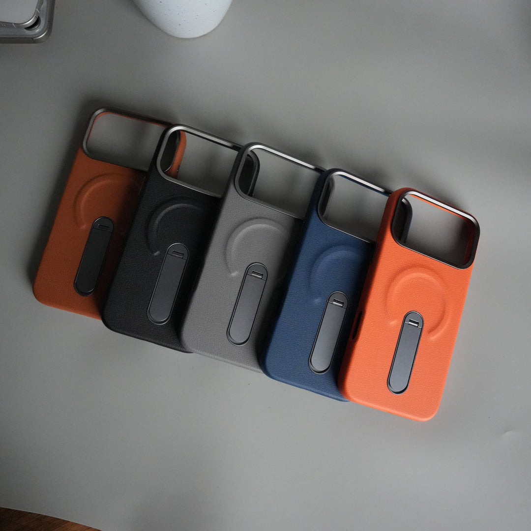 iPhone 17 Pro Premium Leather-Texture Back Case with Metal Kickstand | Shockproof Cover