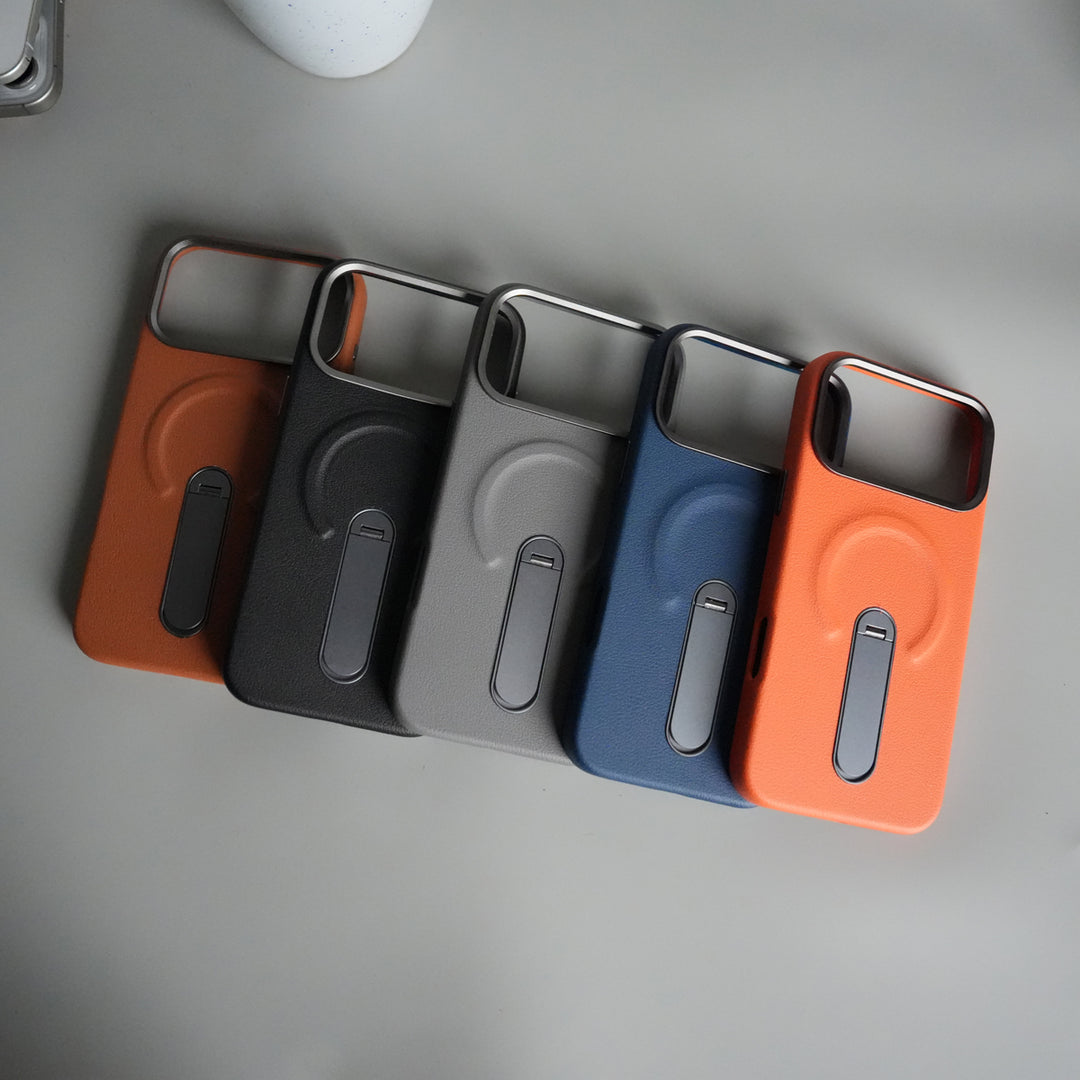 iPhone 17 Pro Premium Leather-Texture Back Case with Metal Kickstand | Shockproof Cover