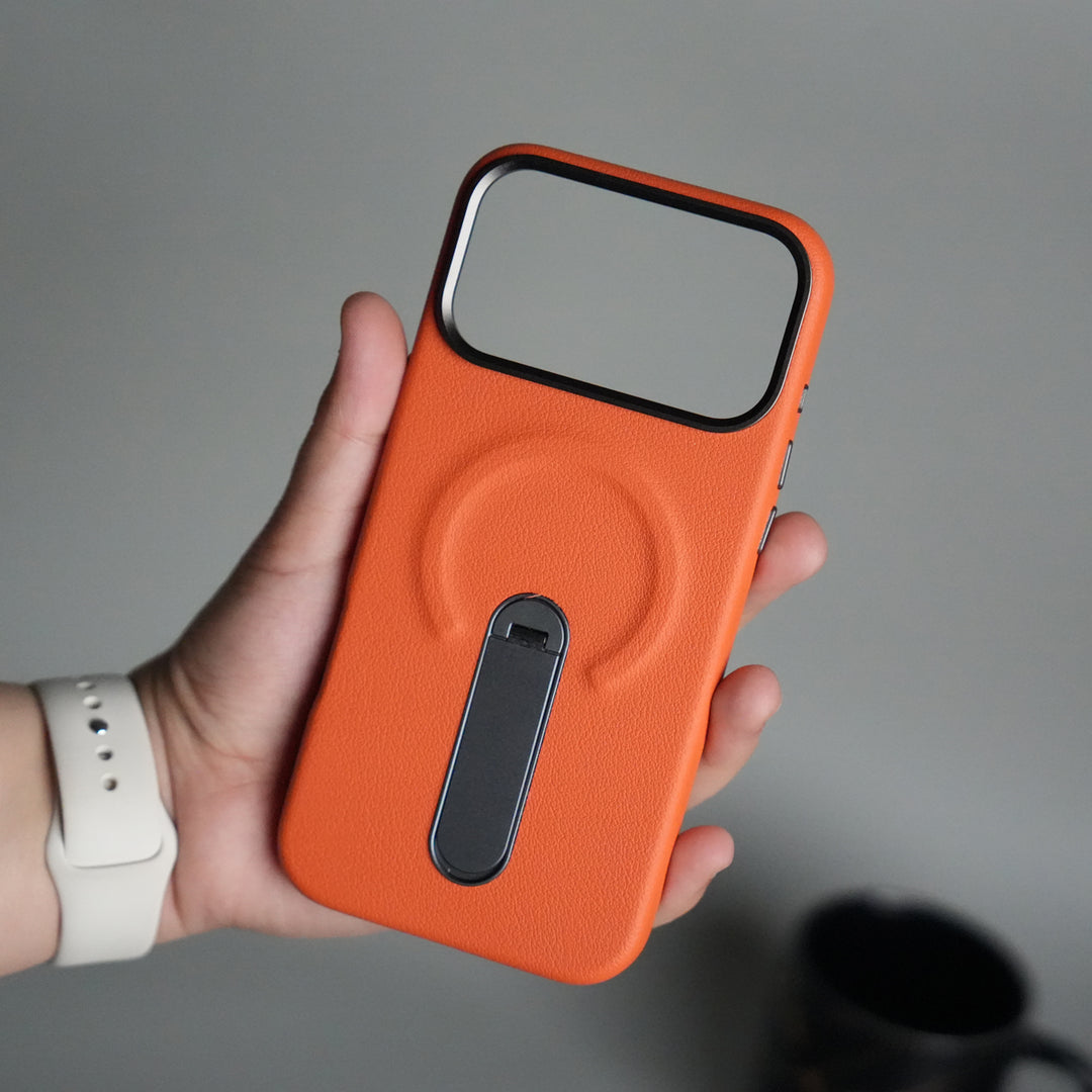 iPhone 17 Pro Premium Leather-Texture Back Case with Metal Kickstand | Shockproof Cover