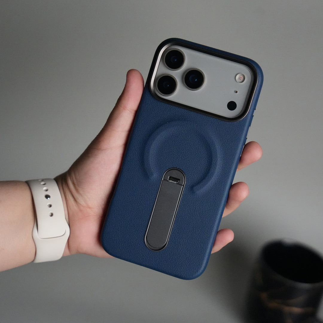 iPhone 17 Pro Premium Leather-Texture Back Case with Metal Kickstand | Shockproof Cover