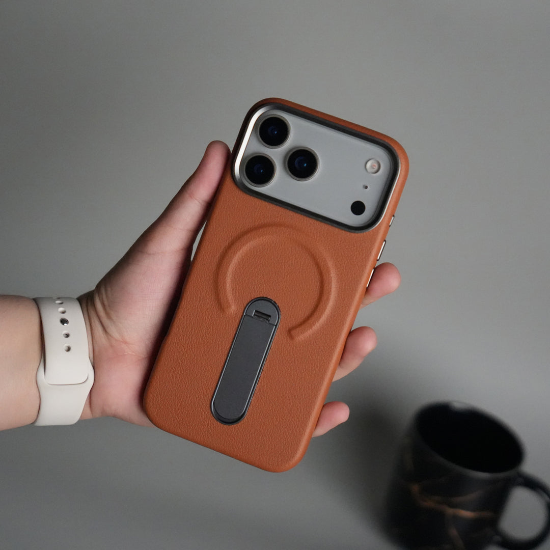 iPhone 17 Pro Premium Leather-Texture Back Case with Metal Kickstand | Shockproof Cover