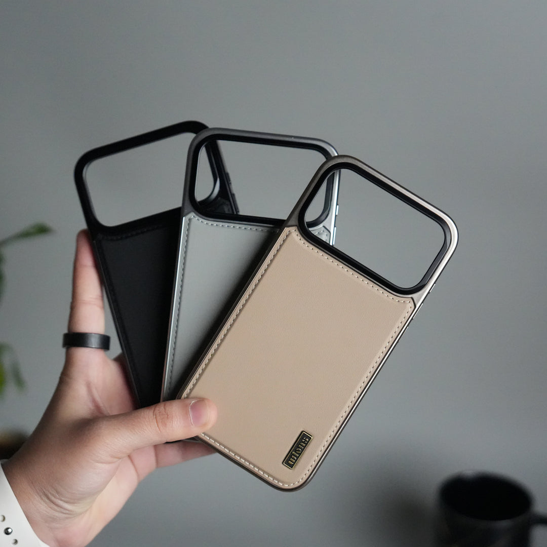 iPhone 17 Pro Premium Leather Back Case with Metal Kickstand And camera Bump Cover