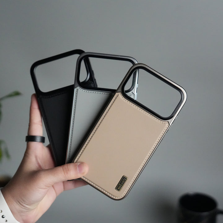 iPhone 17 Pro Premium Leather Back Case with Metal Kickstand And camera Bump Cover