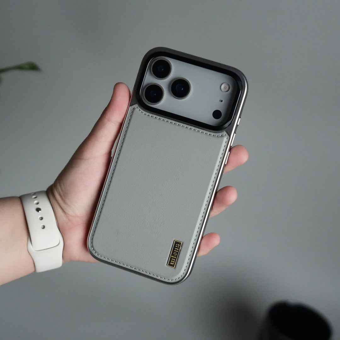 iPhone 17 Pro Premium Leather Back Case with Metal Kickstand And camera Bump Cover