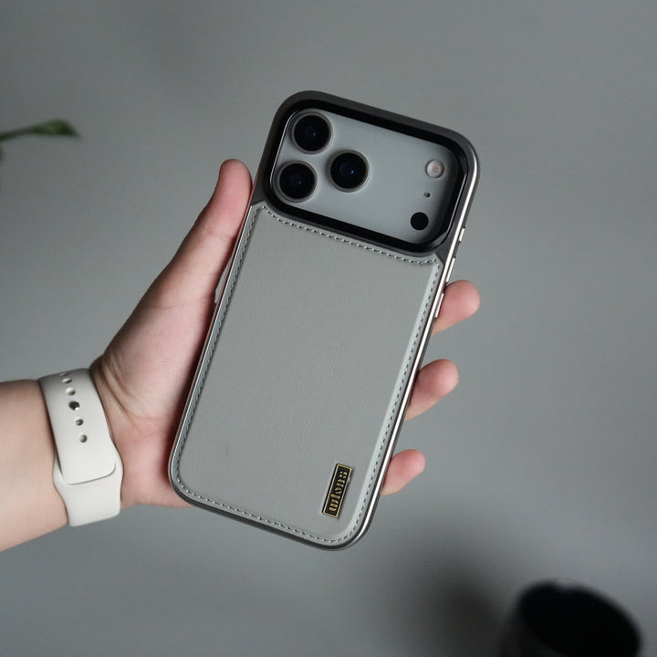 iPhone 17 Pro Premium Leather Back Case with Metal Kickstand And camera Bump Cover