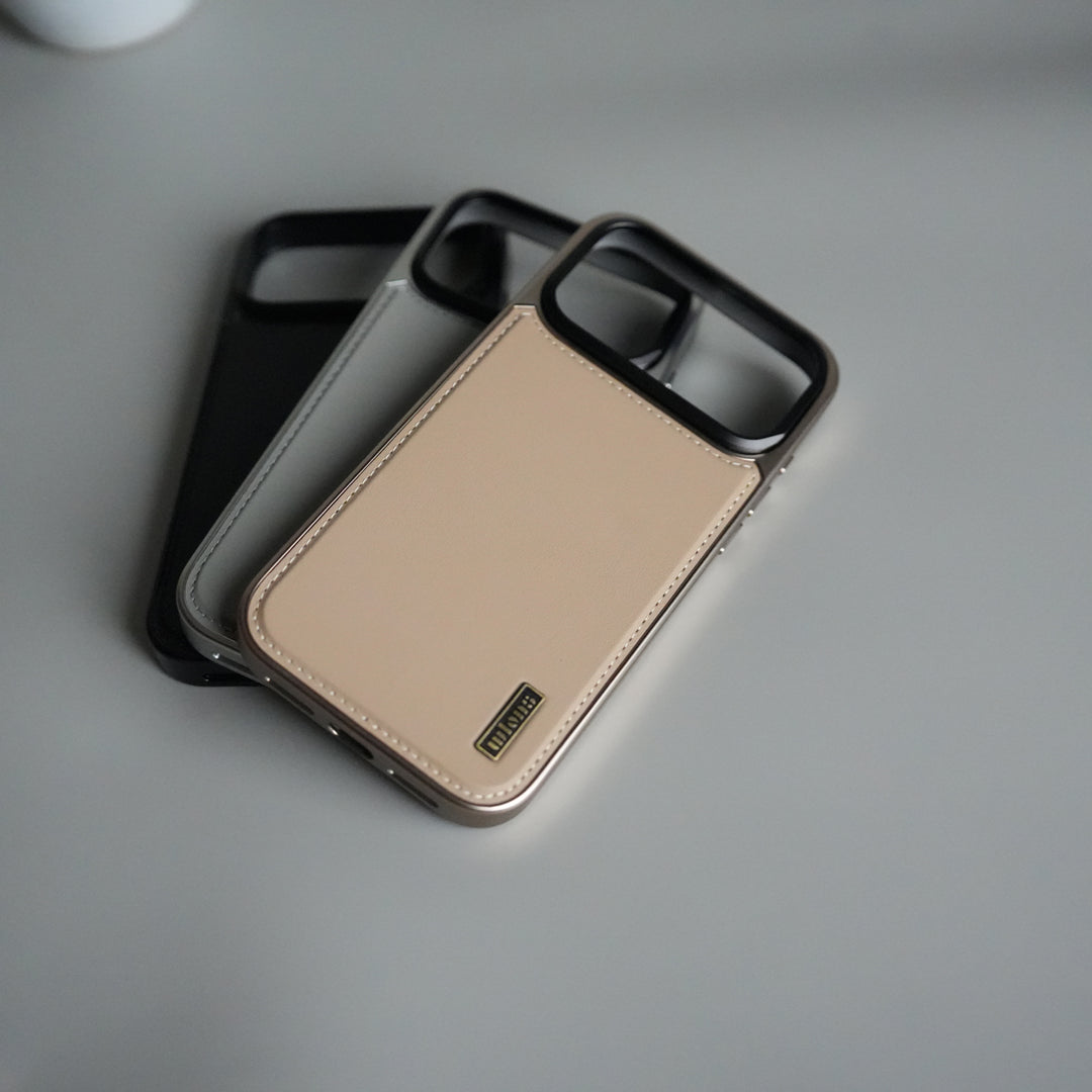 iPhone 17 Pro Premium Leather Back Case with Metal Kickstand And camera Bump Cover