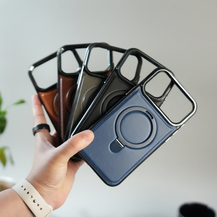 iPhone 17 Pro Premium PU Leather Case with Metal Kickstand | Metal Camera Bump | Luxury Shockproof Back Cover