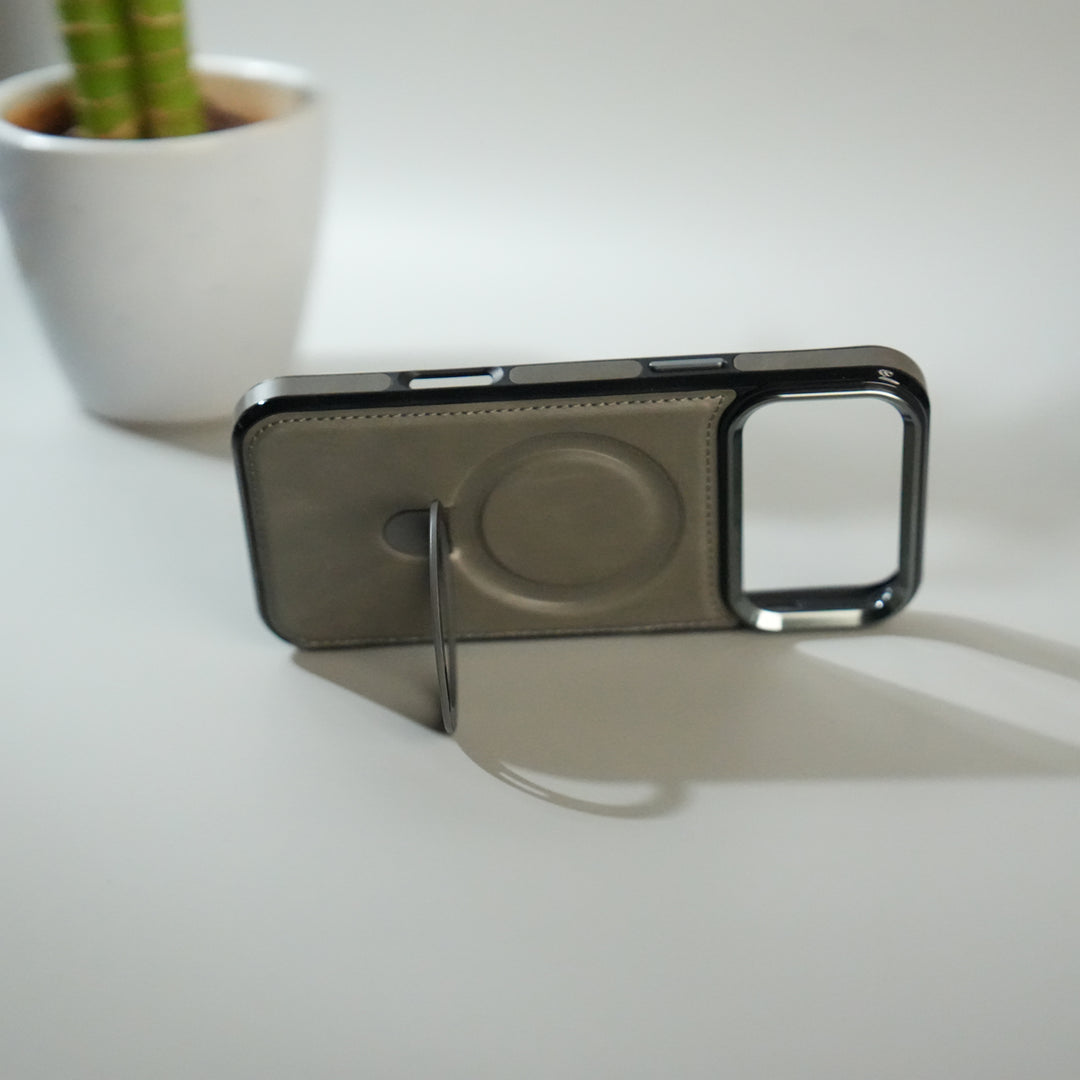 iPhone 17 Pro Premium PU Leather Case with Metal Kickstand | Metal Camera Bump | Luxury Shockproof Back Cover