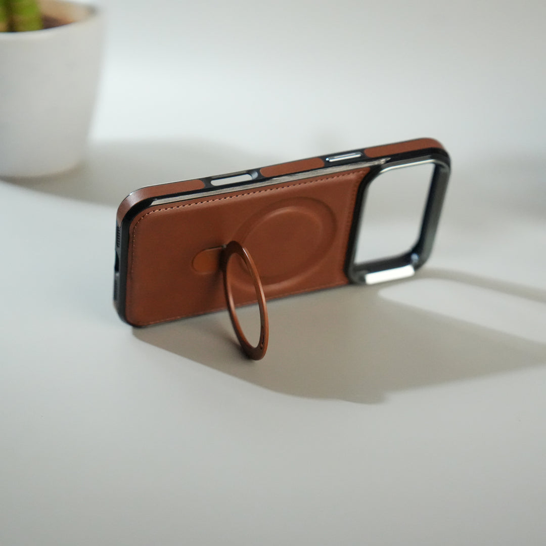 iPhone 17 Pro Premium PU Leather Case with Metal Kickstand | Metal Camera Bump | Luxury Shockproof Back Cover