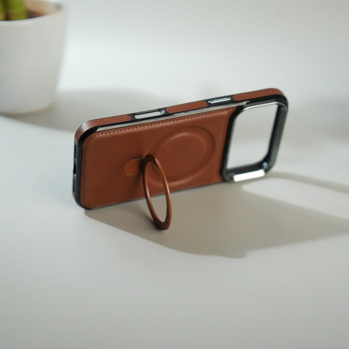 iPhone 17 Pro Premium PU Leather Case with Metal Kickstand | Metal Camera Bump | Luxury Shockproof Back Cover