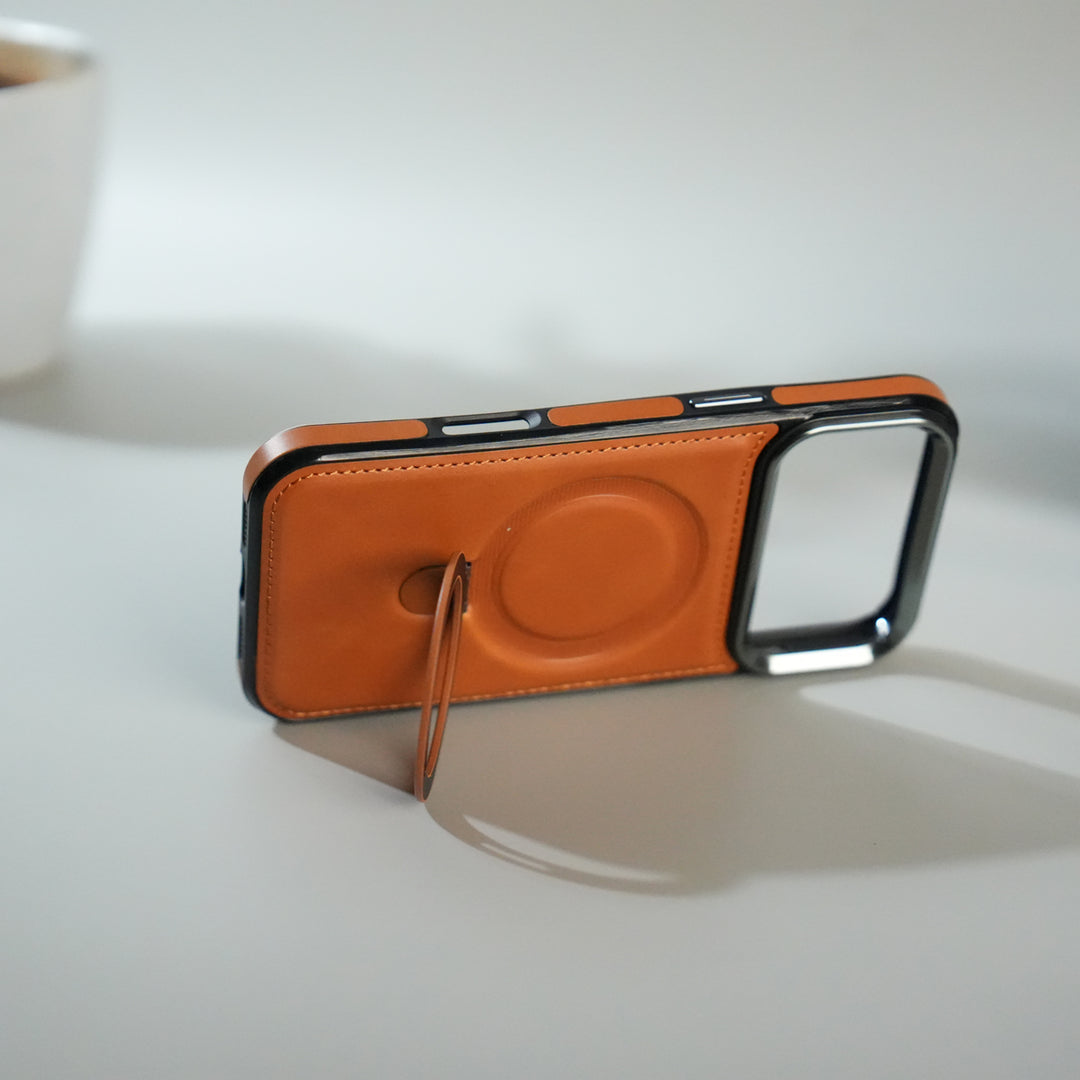 iPhone 17 Pro Premium PU Leather Case with Metal Kickstand | Metal Camera Bump | Luxury Shockproof Back Cover