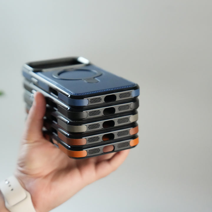 iPhone 17 Pro Premium PU Leather Case with Metal Kickstand | Metal Camera Bump | Luxury Shockproof Back Cover