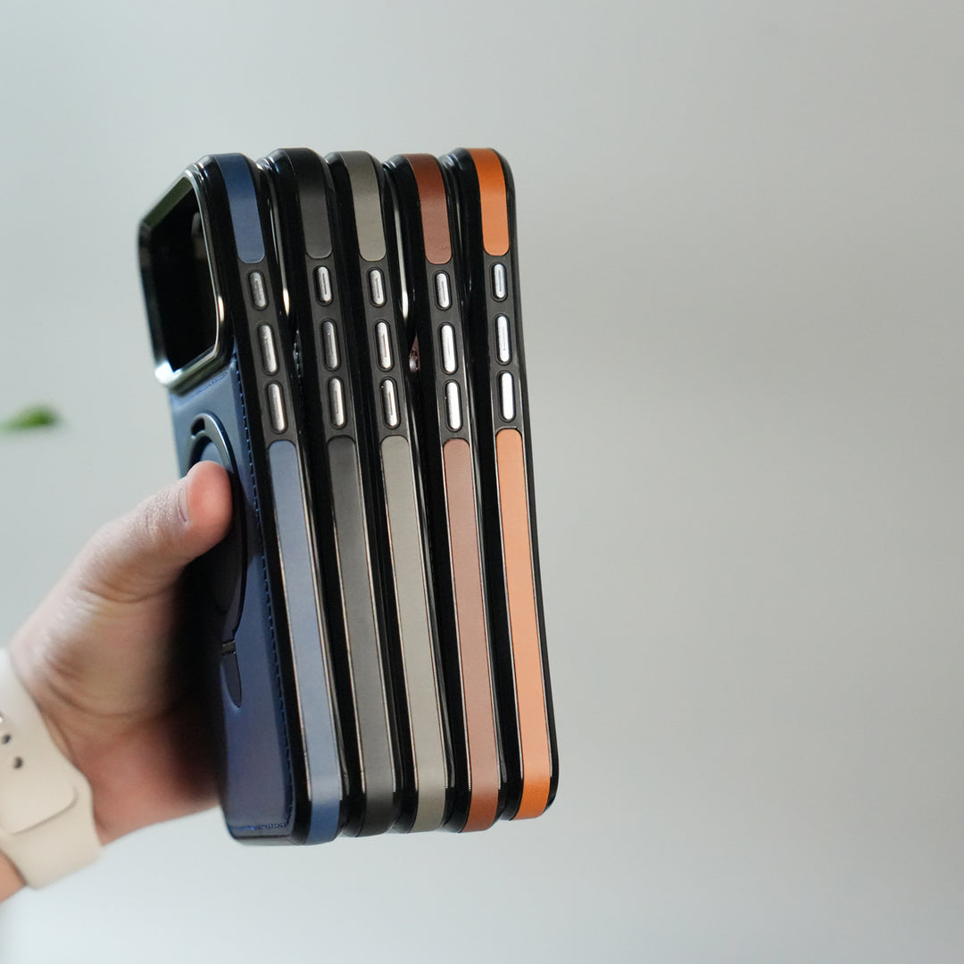 iPhone 17 Pro Premium PU Leather Case with Metal Kickstand | Metal Camera Bump | Luxury Shockproof Back Cover