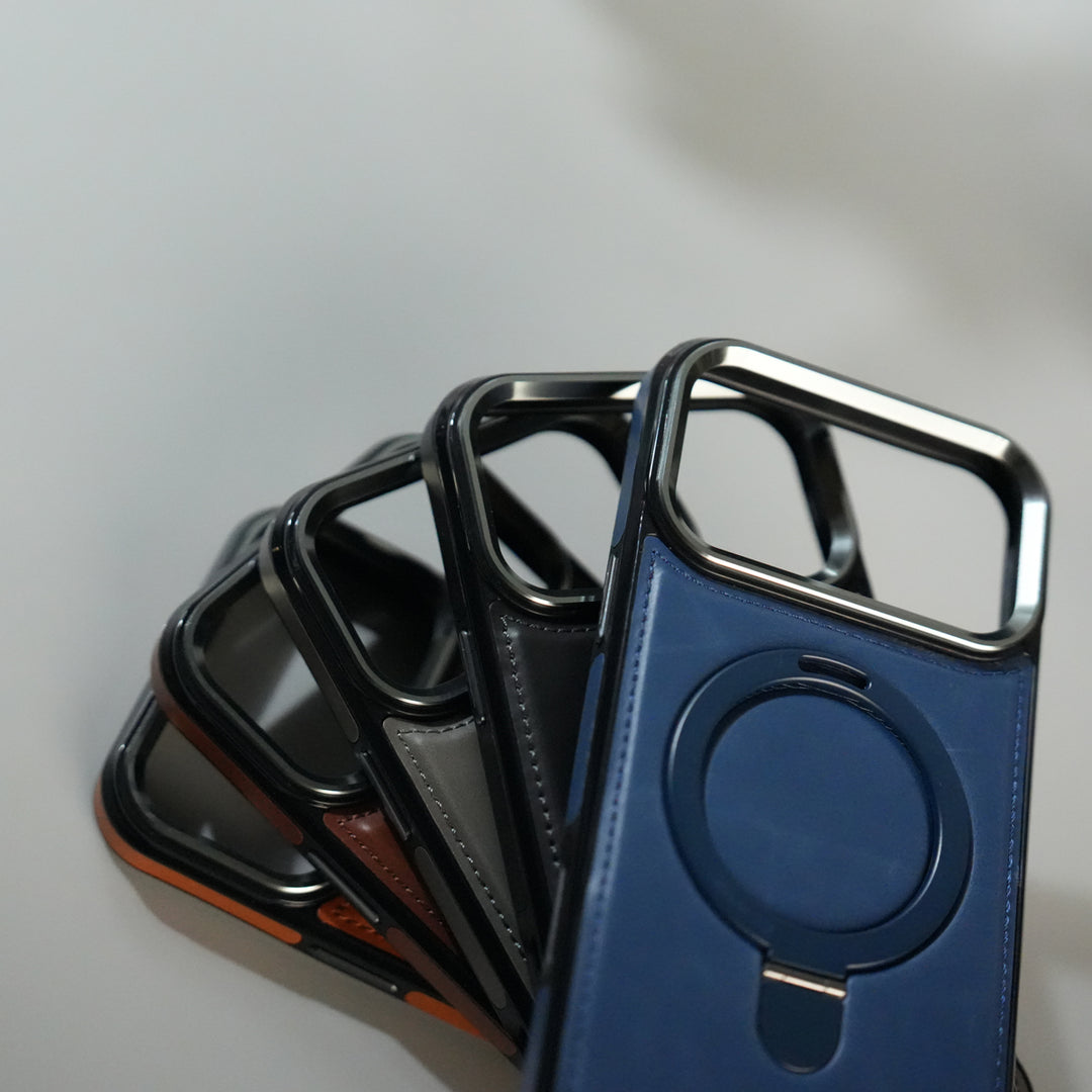iPhone 17 Pro Premium PU Leather Case with Metal Kickstand | Metal Camera Bump | Luxury Shockproof Back Cover