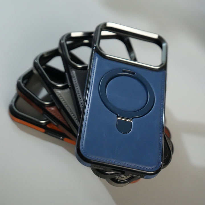 iPhone 17 Pro Premium PU Leather Case with Metal Kickstand | Metal Camera Bump | Luxury Shockproof Back Cover