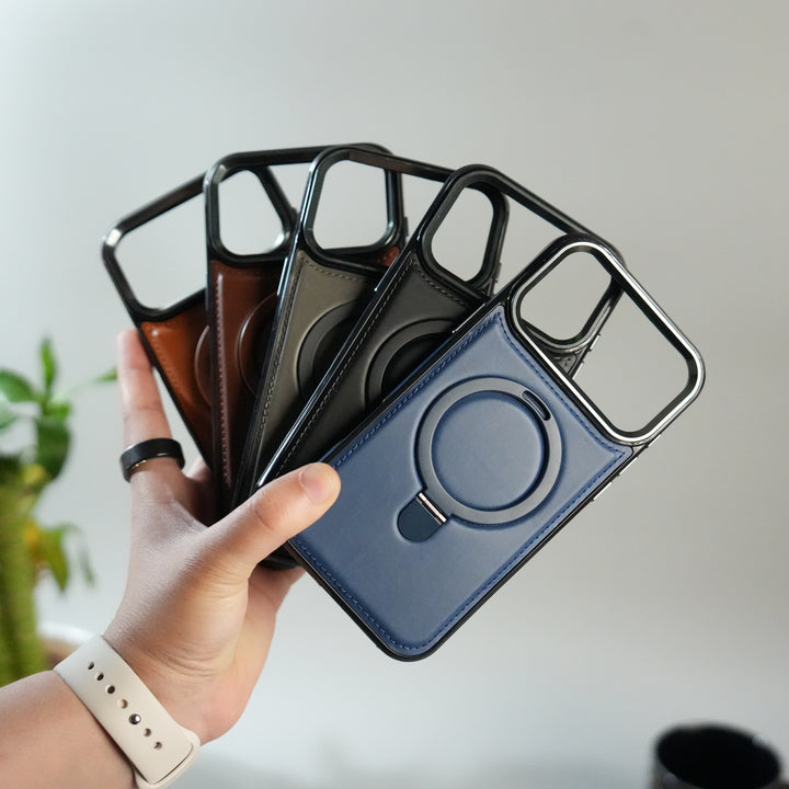 iPhone 17 Pro Premium PU Leather Case with Metal Kickstand | Metal Camera Bump | Luxury Shockproof Back Cover