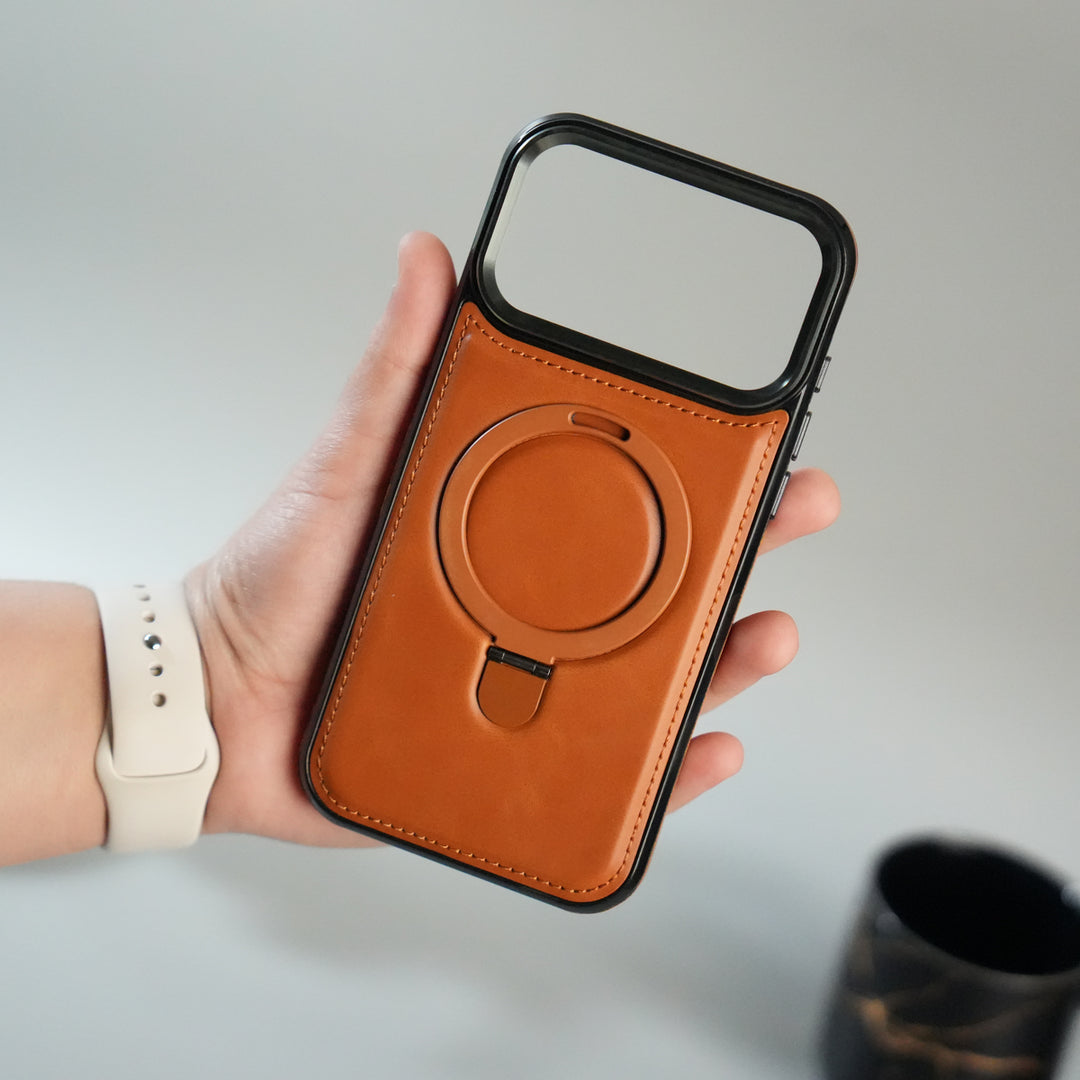 iPhone 17 Pro Premium PU Leather Case with Metal Kickstand | Metal Camera Bump | Luxury Shockproof Back Cover