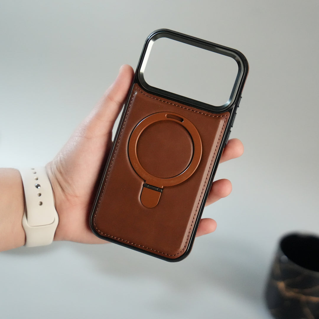 iPhone 17 Pro Premium PU Leather Case with Metal Kickstand | Metal Camera Bump | Luxury Shockproof Back Cover