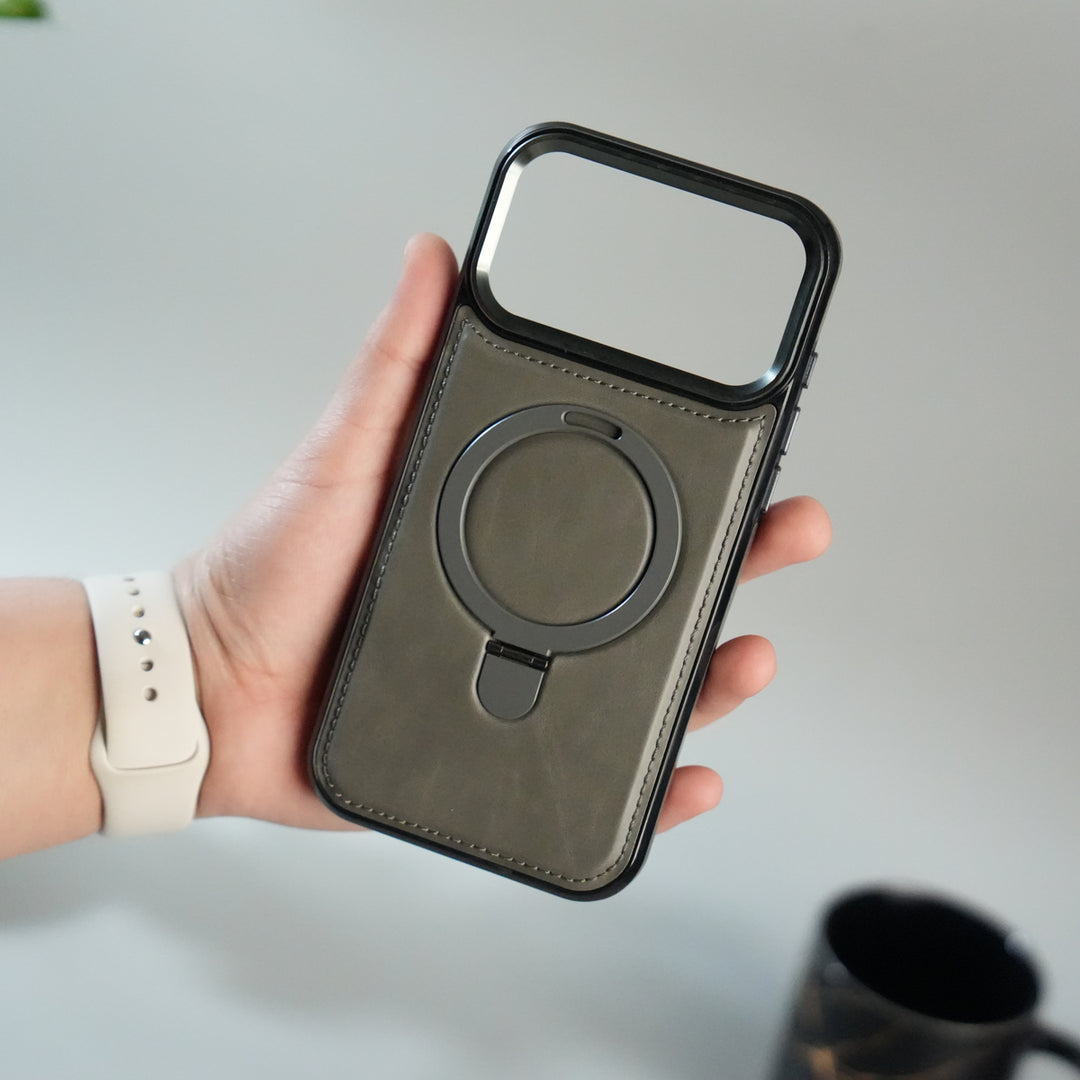 iPhone 17 Pro Premium PU Leather Case with Metal Kickstand | Metal Camera Bump | Luxury Shockproof Back Cover