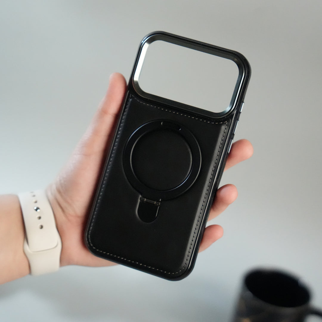 iPhone 17 Pro Premium PU Leather Case with Metal Kickstand | Metal Camera Bump | Luxury Shockproof Back Cover