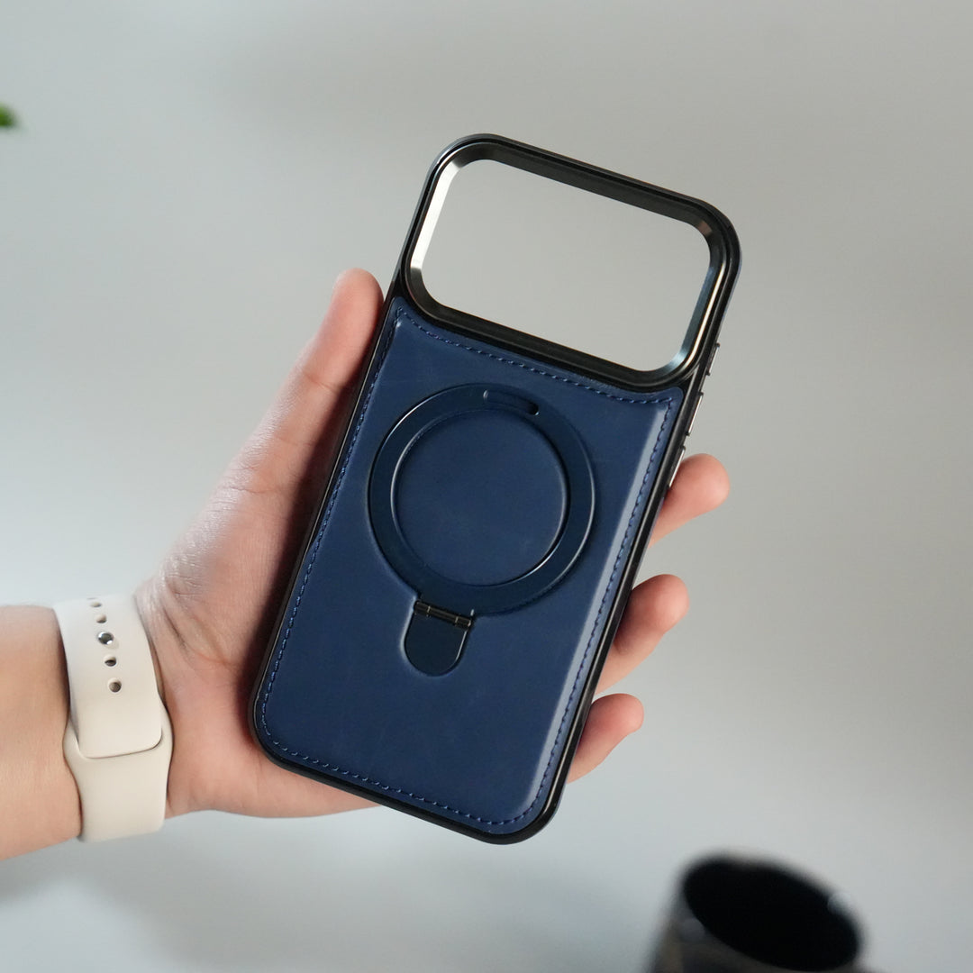 iPhone 17 Pro Premium PU Leather Case with Metal Kickstand | Metal Camera Bump | Luxury Shockproof Back Cover