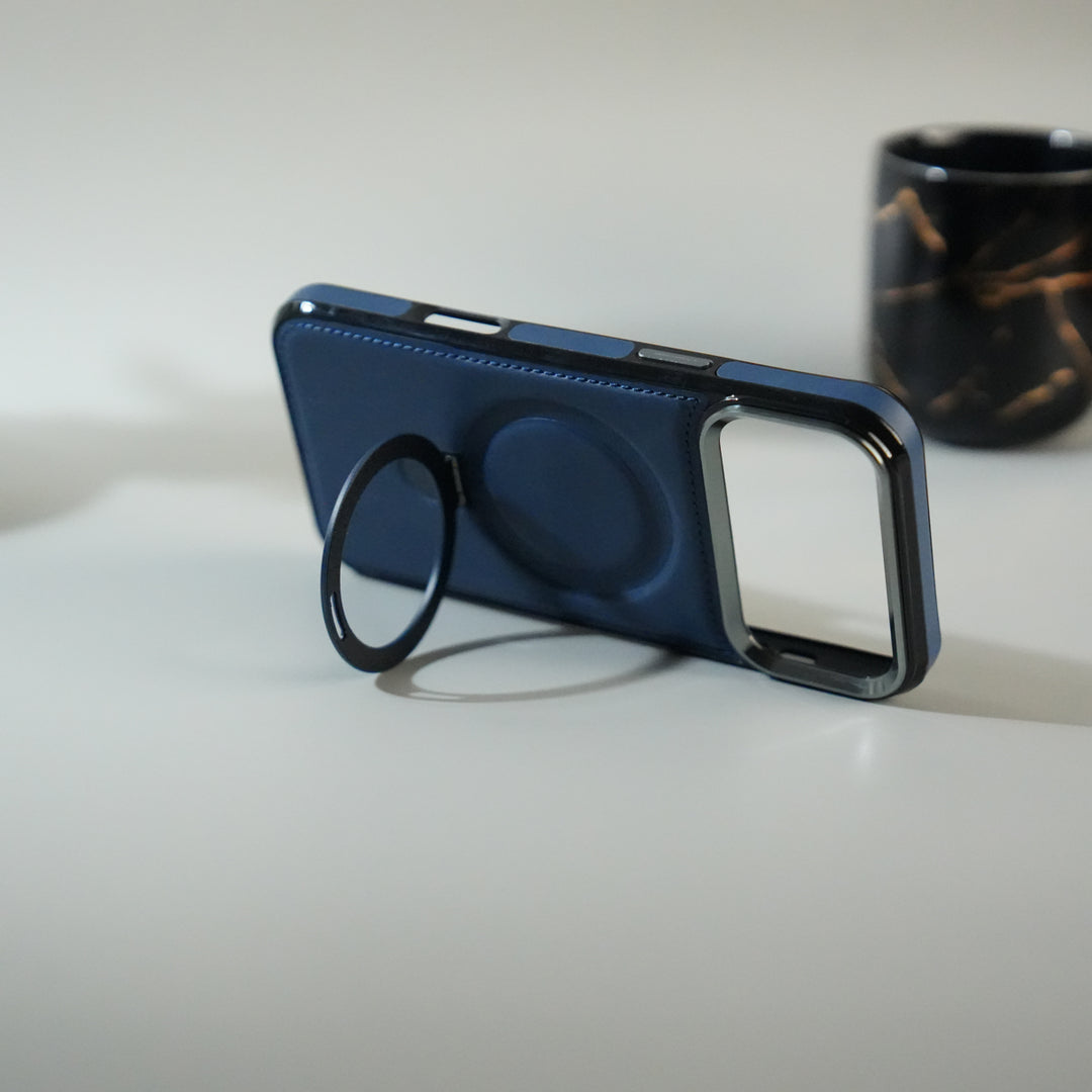 iPhone 17 Pro Premium PU Leather Case with Metal Kickstand | Metal Camera Bump | Luxury Shockproof Back Cover