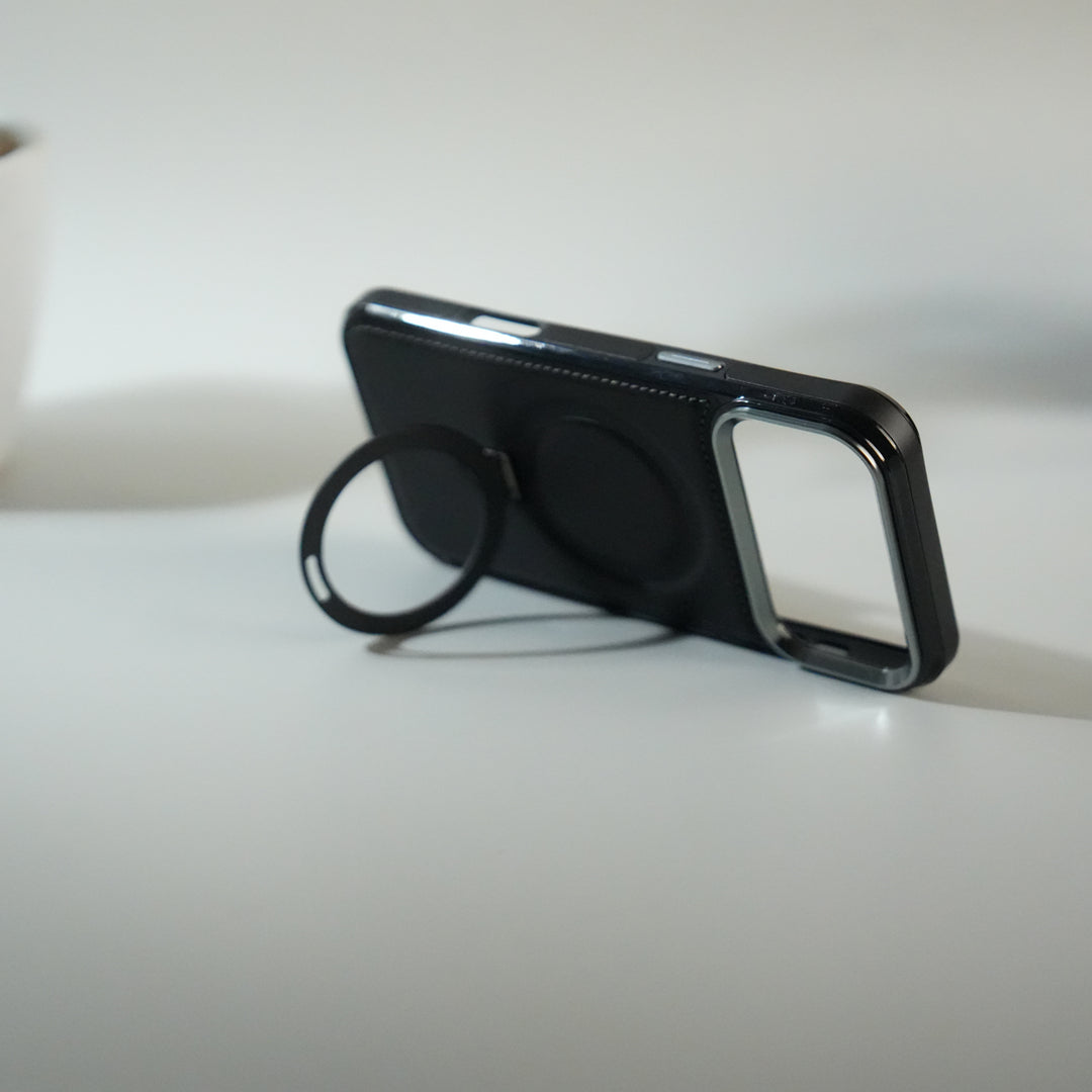 iPhone 17 Pro Premium PU Leather Case with Metal Kickstand | Metal Camera Bump | Luxury Shockproof Back Cover