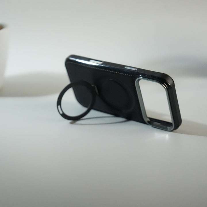 iPhone 17 Pro Premium PU Leather Case with Metal Kickstand | Metal Camera Bump | Luxury Shockproof Back Cover