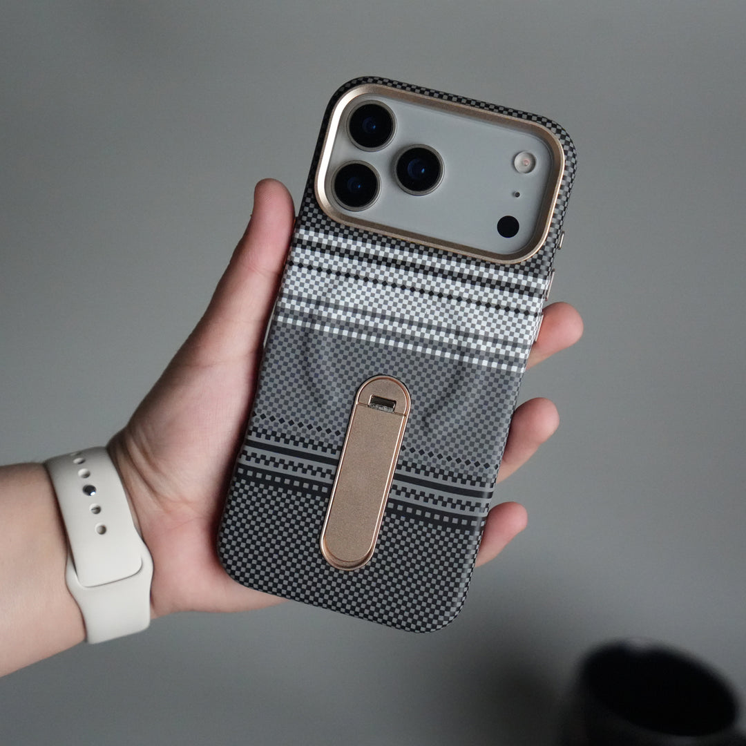 iPhone 17 Pro Premium Pattern Back Case with Metal Kickstand | Slim Shockproof Protective Cover