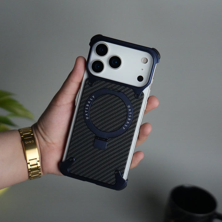iPhone 17 Series Carbon Fiber Design Frameless Metal Kickstand Case | Blue frame