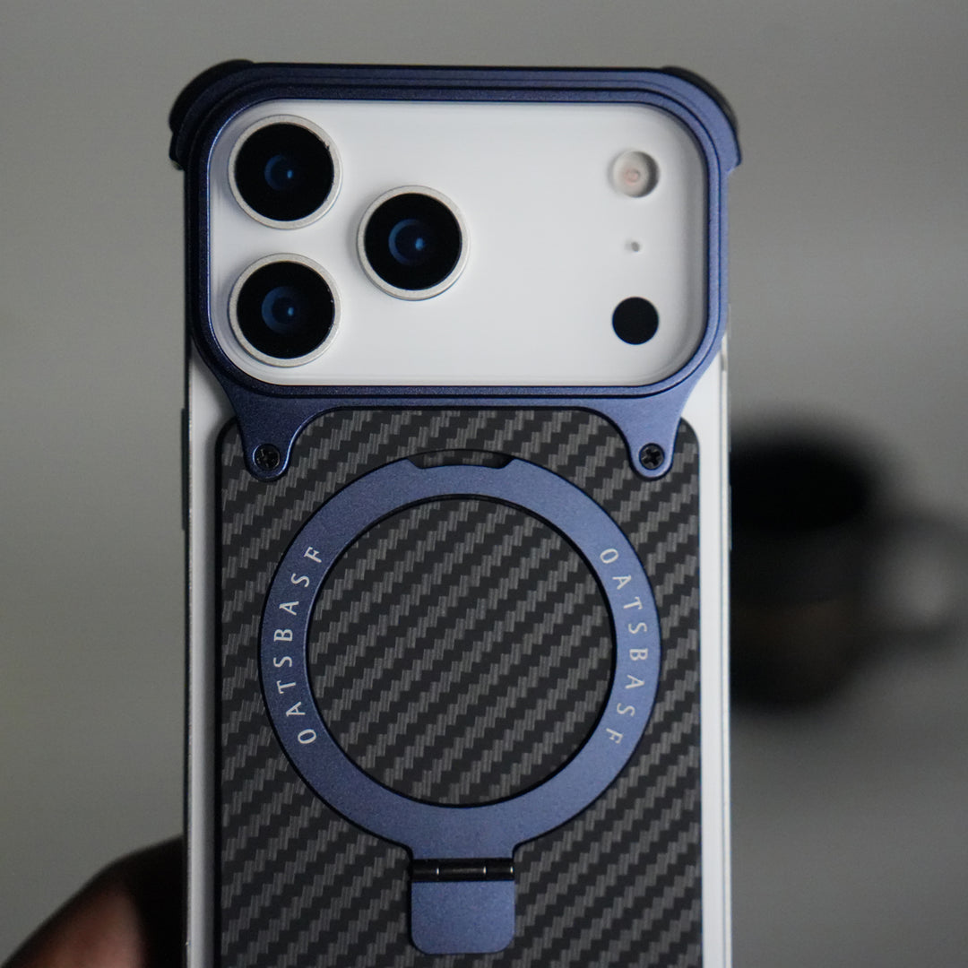 iPhone 17 Series Carbon Fiber Design Frameless Metal Kickstand Case | Blue frame