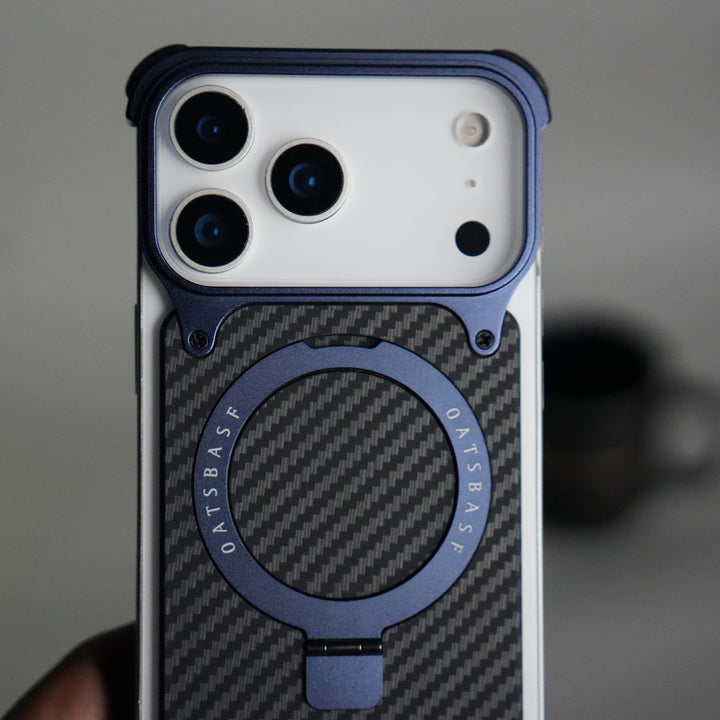iPhone 17 Series Carbon Fiber Design Frameless Metal Kickstand Case | Blue frame