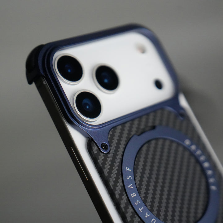 iPhone 17 Series Carbon Fiber Design Frameless Metal Kickstand Case | Blue frame
