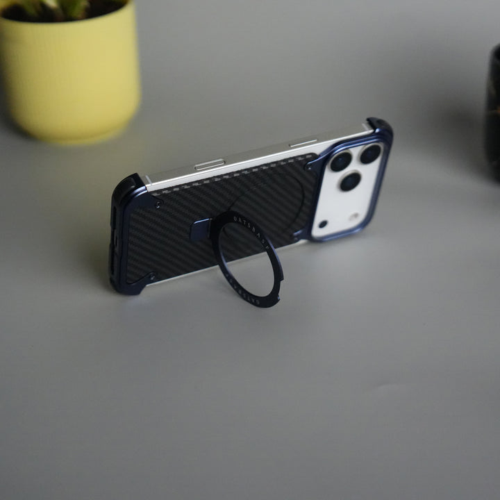 iPhone 17 Series Carbon Fiber Design Frameless Metal Kickstand Case | Blue frame