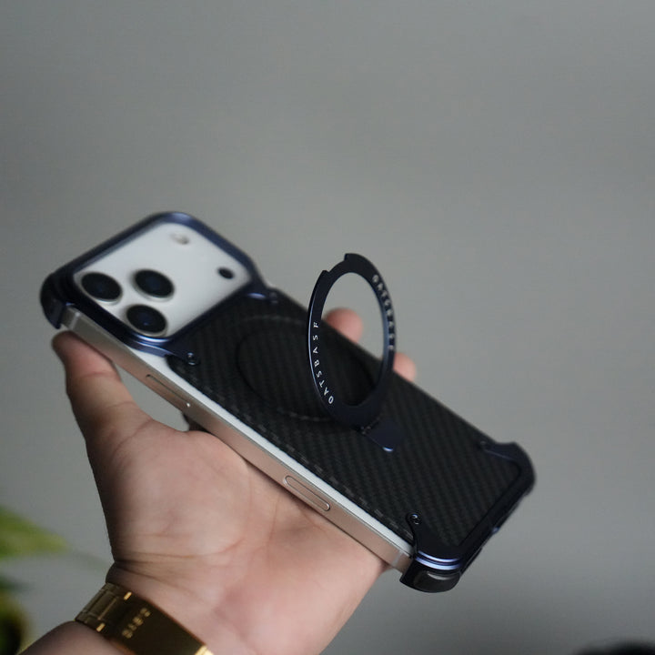 iPhone 17 Series Carbon Fiber Design Frameless Metal Kickstand Case | Blue frame