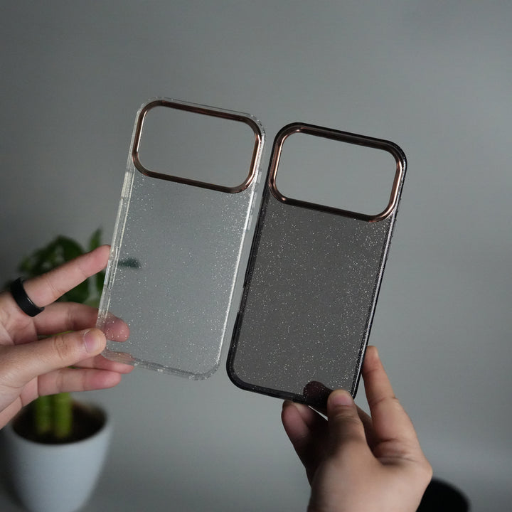 iPhone 17 Series Glitter Case | Transparent Cover with Sparkle Finish & Metallic Camera Bumper