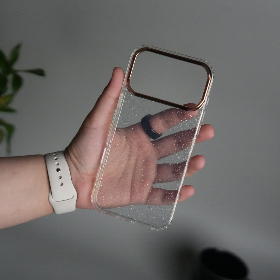 iPhone 17 Series Glitter Case | Transparent Cover with Sparkle Finish & Metallic Camera Bumper